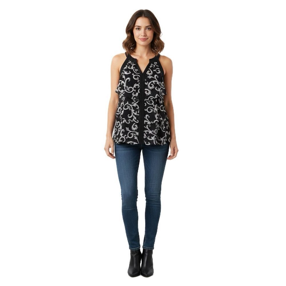 White House Black Market Black & White Sleeveless Chiffon Ruffled Blouse